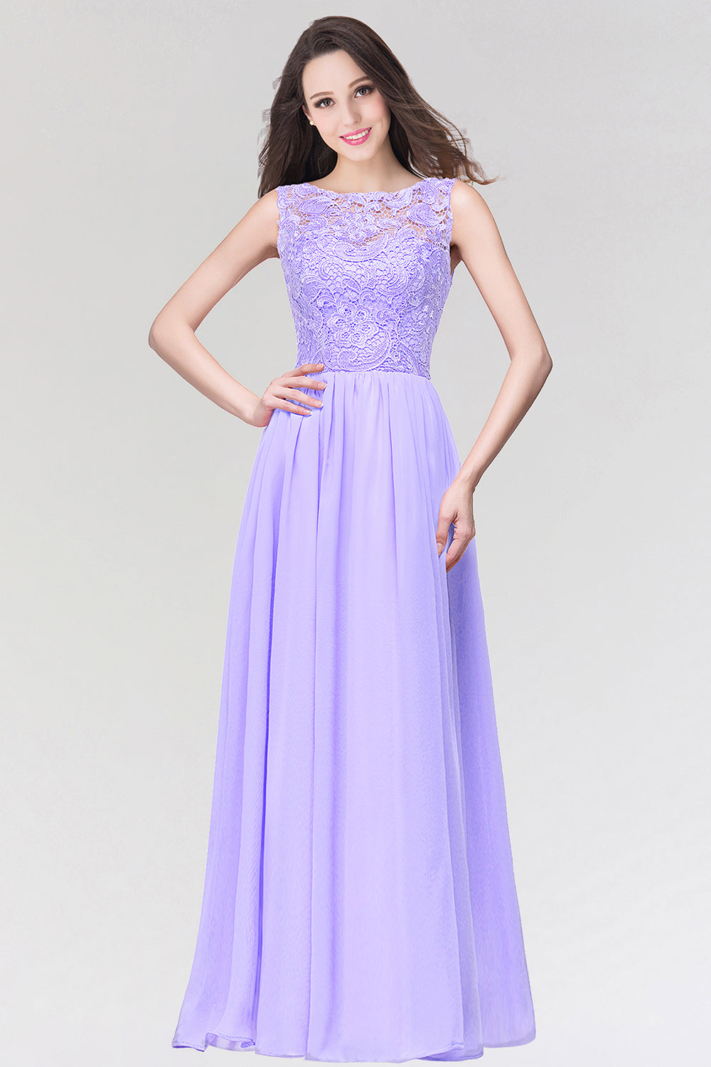 Long Chiffon Lace Sleeveless A Line Ruched Bridesmaid Dress