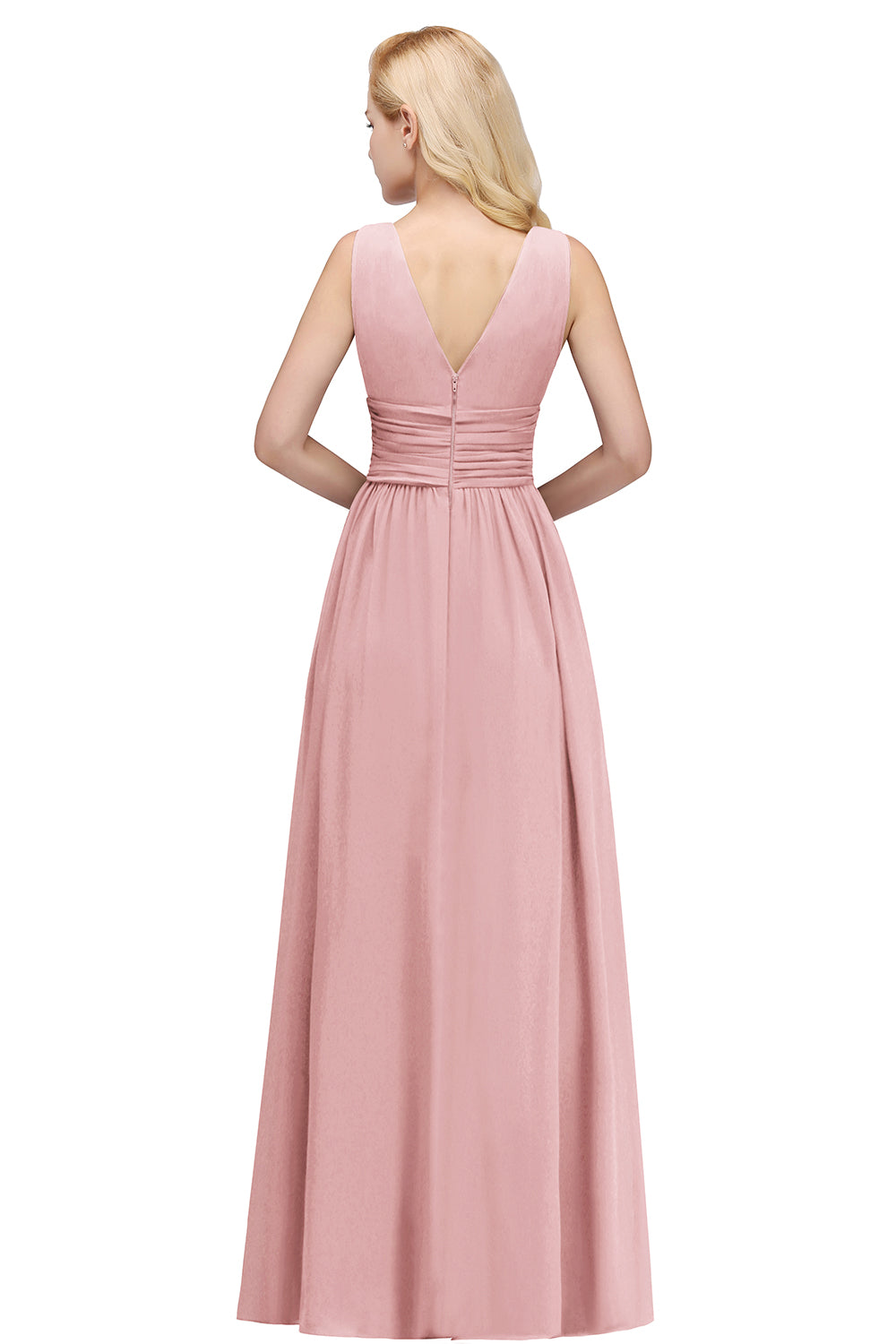 Long Chiffon V Neck Off The Shoulder Ruffle Floor Length Bridesmaid Dress