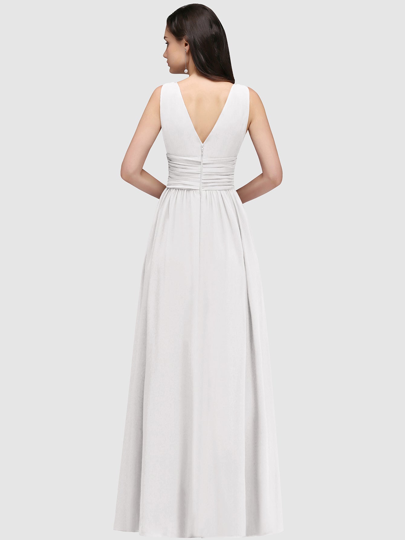 Long Chiffon V Neck Off The Shoulder Ruffle Floor Length Bridesmaid Dress