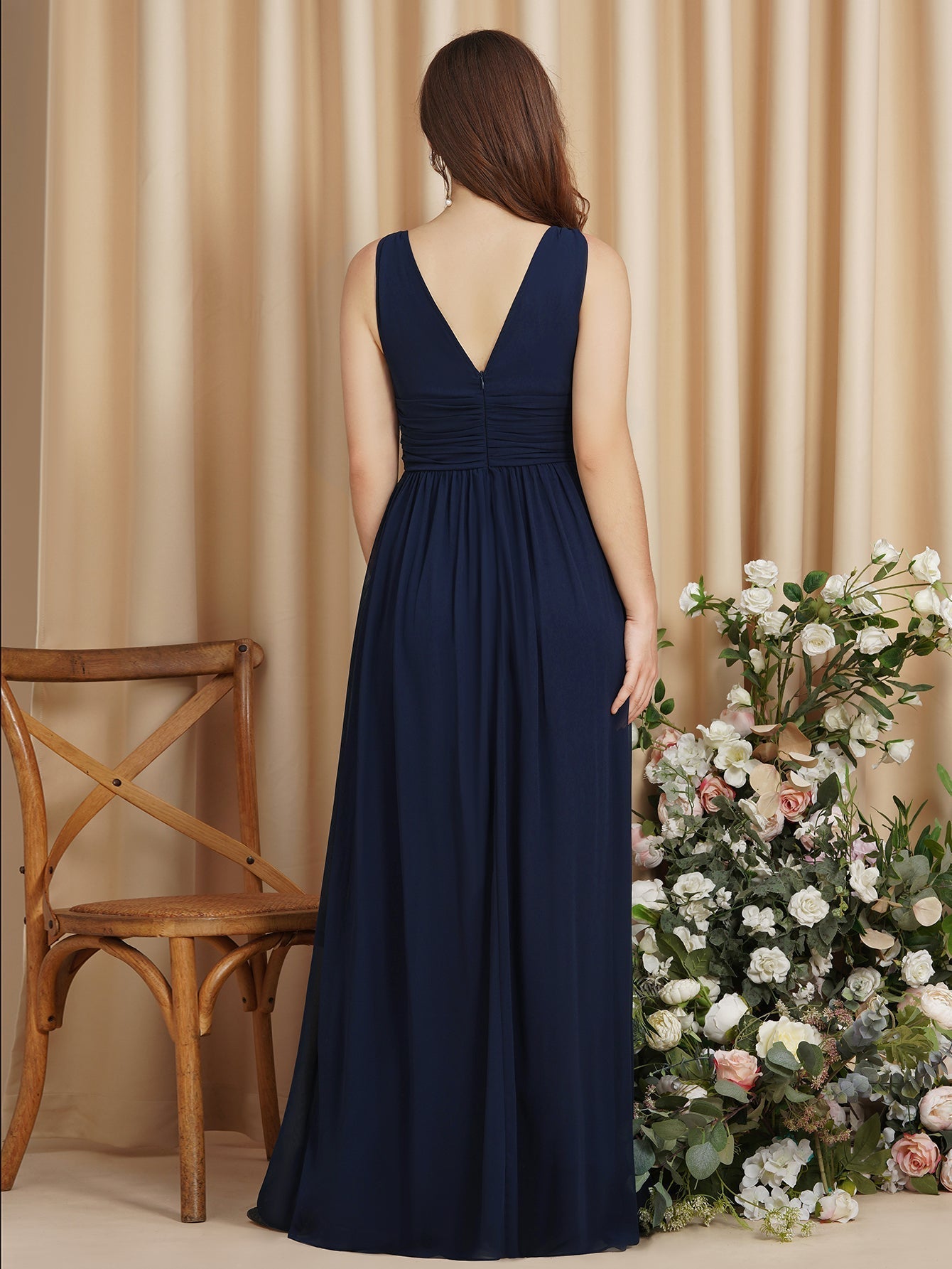 Long Chiffon V Neck Off The Shoulder Ruffle Floor Length Bridesmaid Dress
