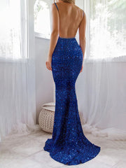 V-neck Velvet Sequins Sheath/Column Prom Dress with Train