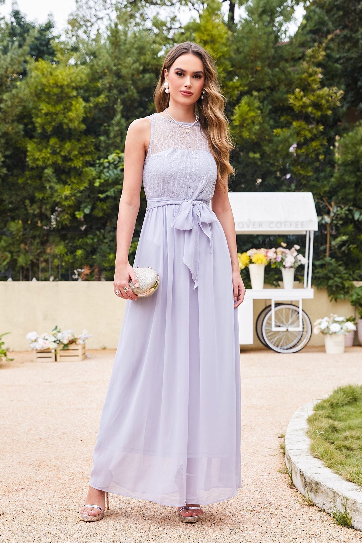 Long Off The Shoulder Round Neck Chiffon Bridesmaid Dress with Floral Lace and Ruffle