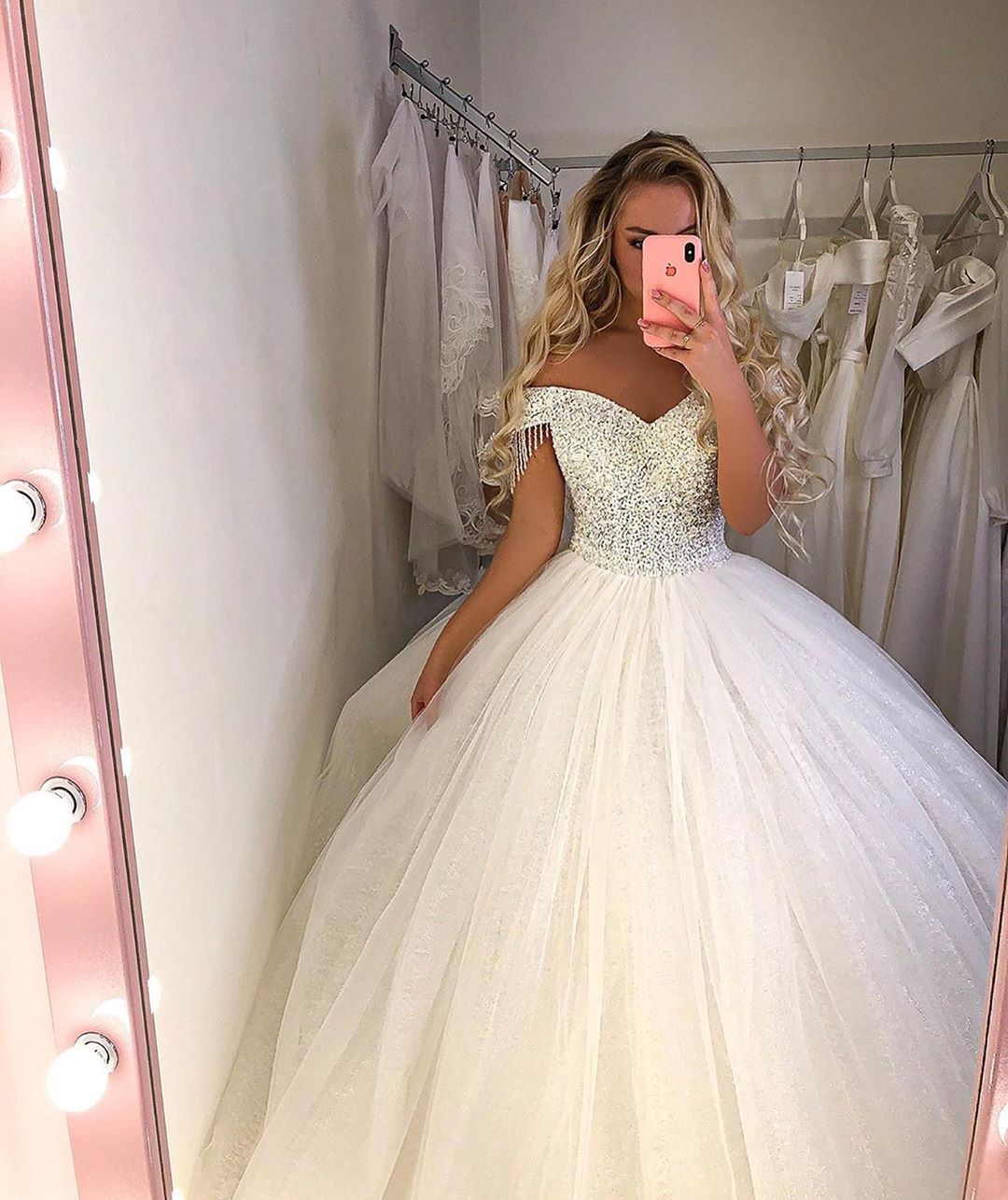 Long Princess Off-the-Shoulder Wedding Dress with Tulle
