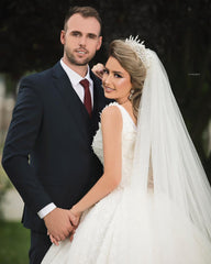 Long Princess V-Neck Wedding Dress with Tulle Lace