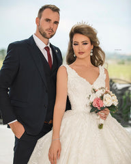 Long Princess V-Neck Wedding Dress with Tulle Lace