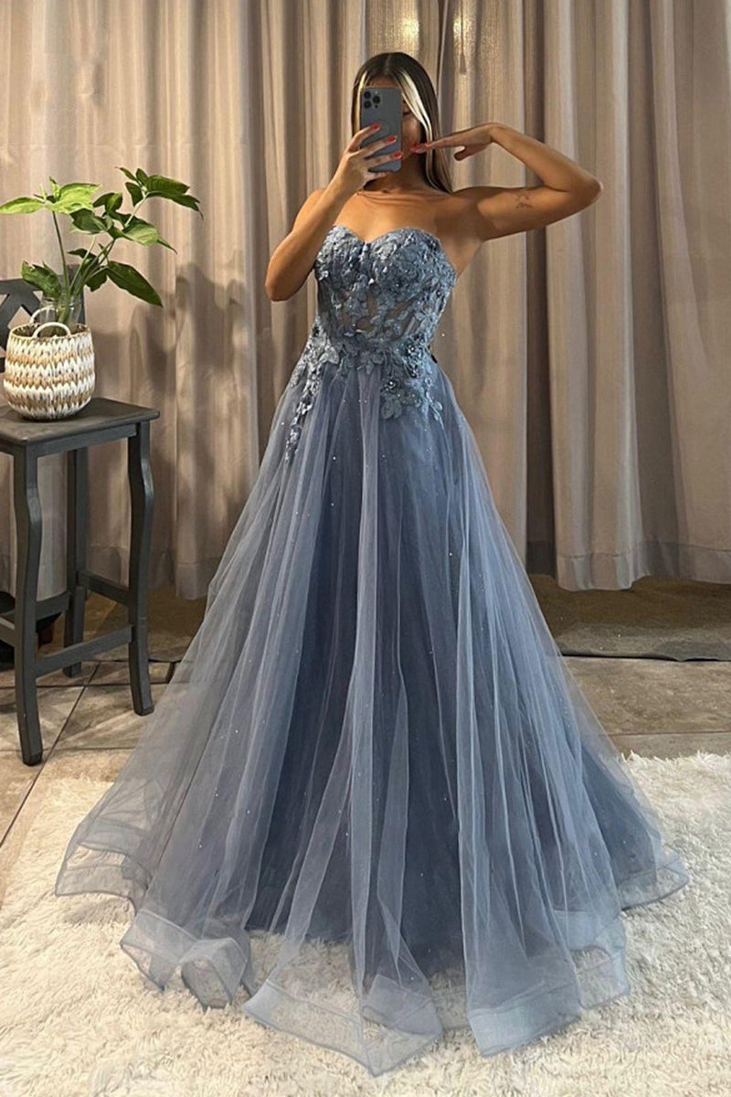 Sweetheart A-Line Tulle Long Prom Dress with Beading and Appliques