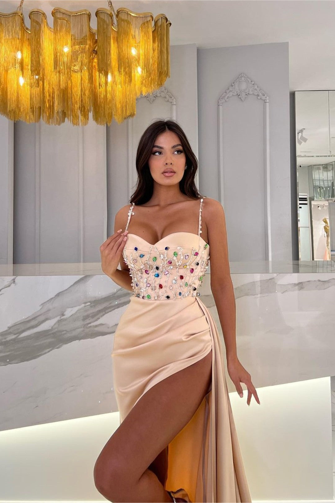 Princess Spaghetti Strap Long Prom Dress with Rhinestone and Split