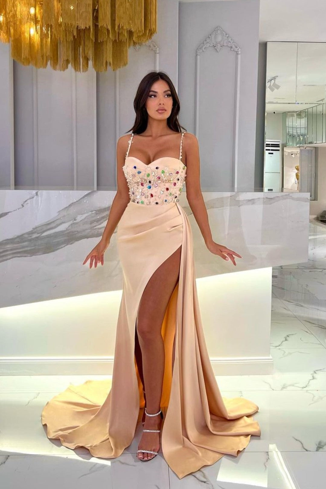 Princess Spaghetti Strap Long Prom Dress with Rhinestone and Split