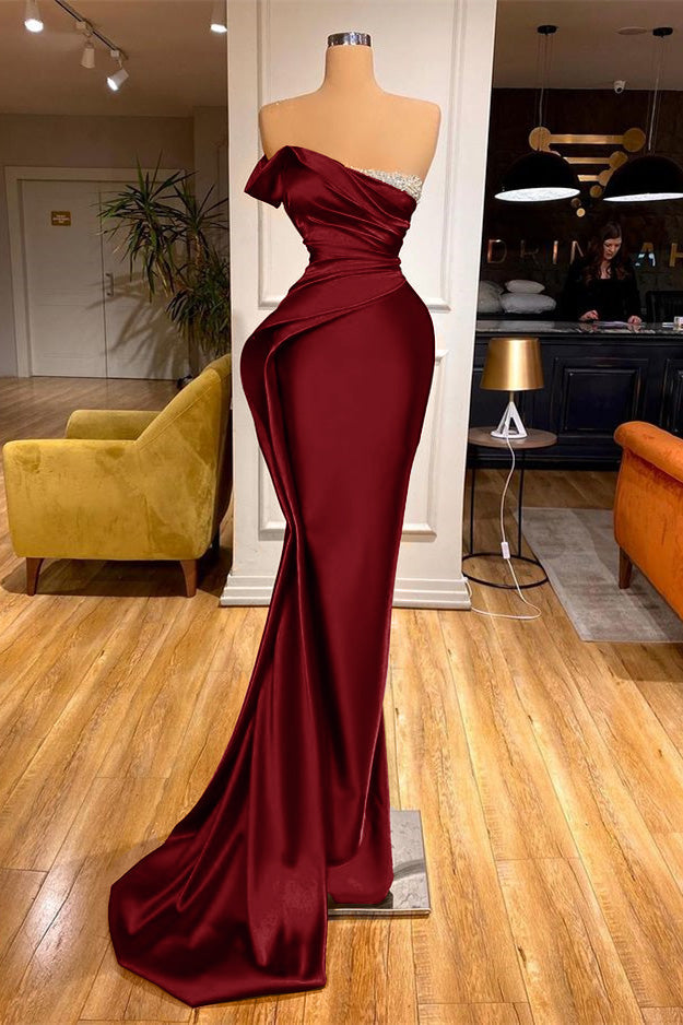 One Shoulder Strapless Mermaid Long Prom Dress with Beading and Pleats