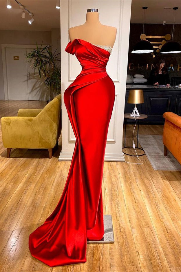 One Shoulder Strapless Mermaid Long Prom Dress with Beading and Pleats