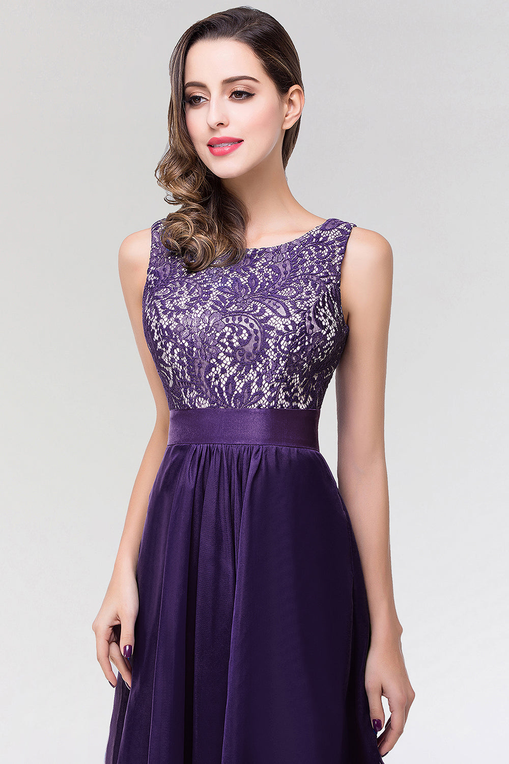Long Scoop Neck Off The Shoulder Chiffon Formal Dress with Appliques Lace