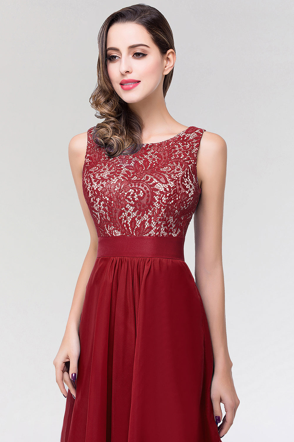 Long Scoop Neck Off The Shoulder Chiffon Formal Dress with Appliques Lace