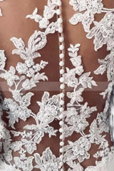 Long Sleeve Illusion Lace Back Sheath Wedding Dress with Appliques