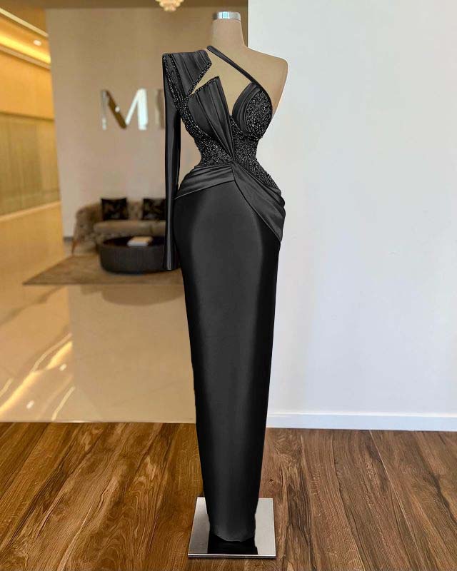 One Shoulder Long Sleeve Long Prom Dress with Pleated Appliques
