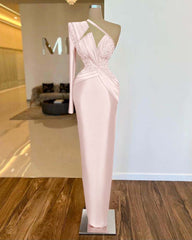 One Shoulder Long Sleeve Long Prom Dress with Pleated Appliques