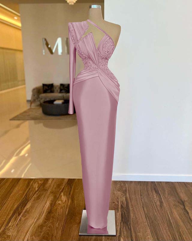One Shoulder Long Sleeve Long Prom Dress with Pleated Appliques