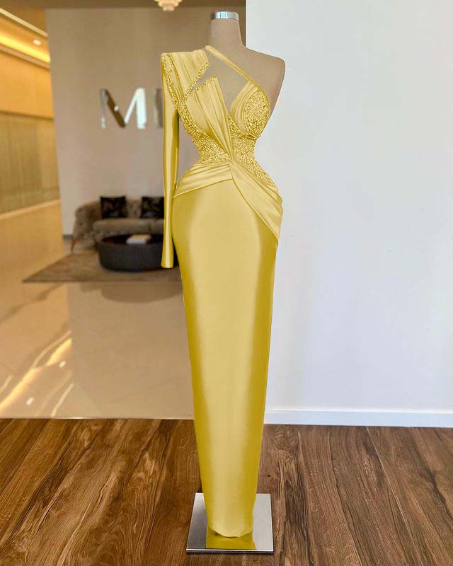 One Shoulder Long Sleeve Long Prom Dress with Pleated Appliques