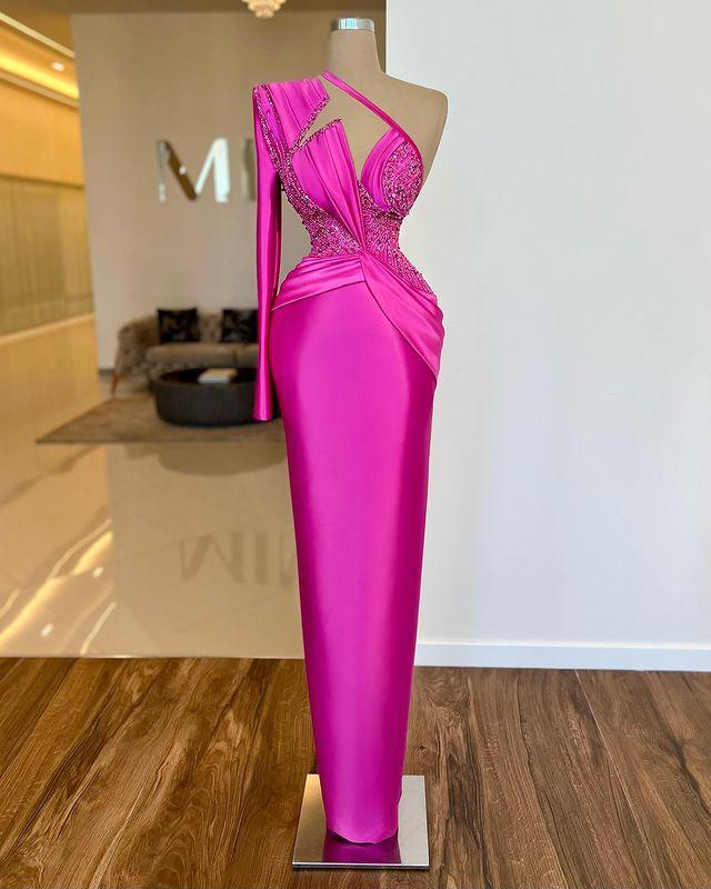 One Shoulder Long Sleeve Long Prom Dress with Pleated Appliques