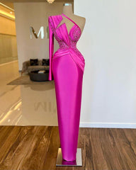 One Shoulder Long Sleeve Long Prom Dress with Pleated Appliques