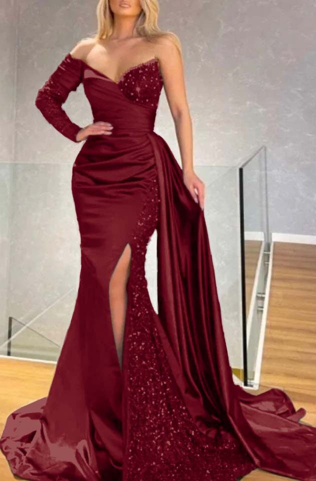 Strapless Long Sleeve Long Pleated Prom Dress with Sequins and Split