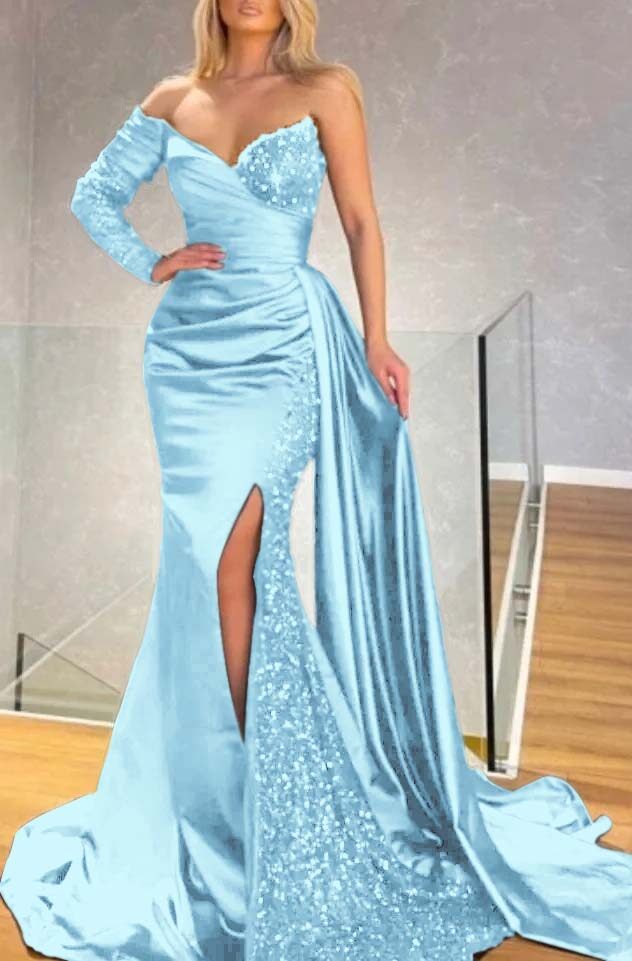 Strapless Long Sleeve Long Pleated Prom Dress with Sequins and Split