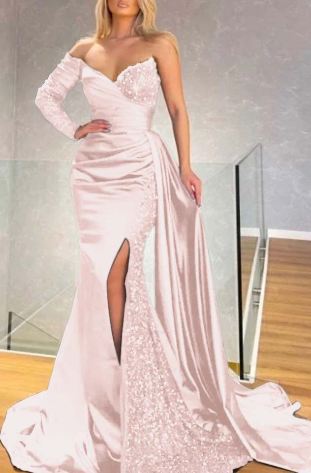 Strapless Long Sleeve Long Pleated Prom Dress with Sequins and Split