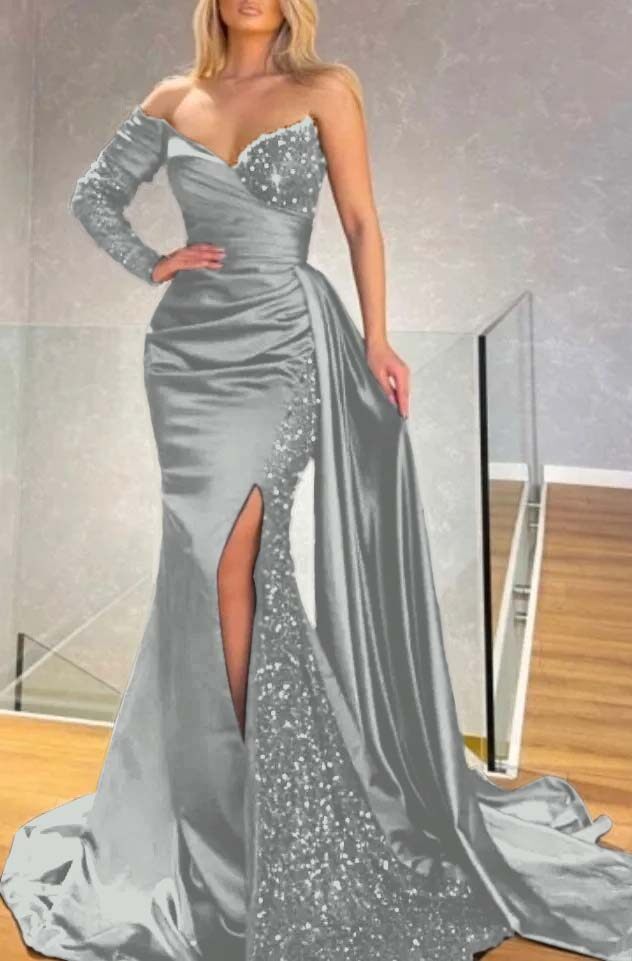 Strapless Long Sleeve Long Pleated Prom Dress with Sequins and Split