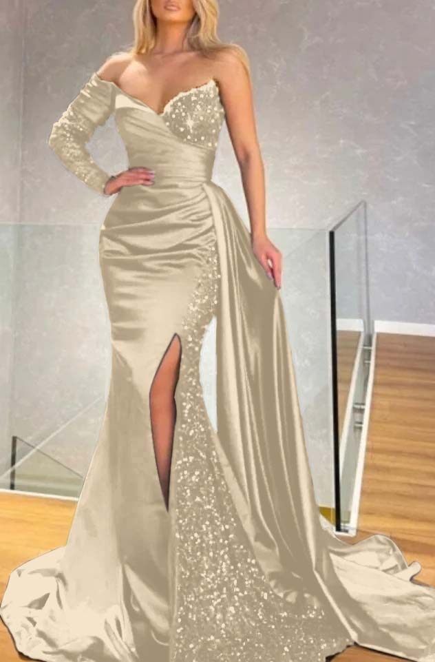 Strapless Long Sleeve Long Pleated Prom Dress with Sequins and Split