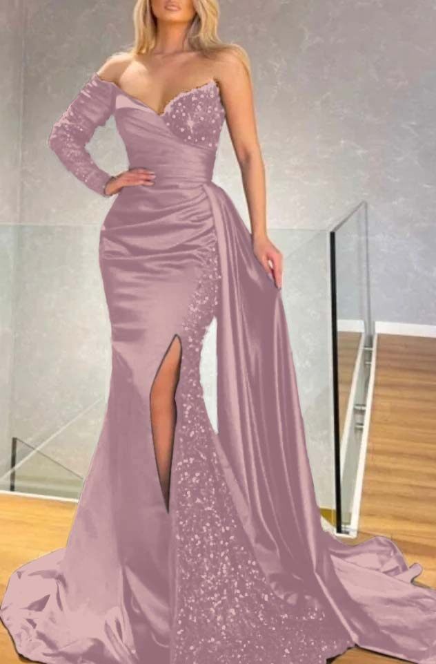 Strapless Long Sleeve Long Pleated Prom Dress with Sequins and Split