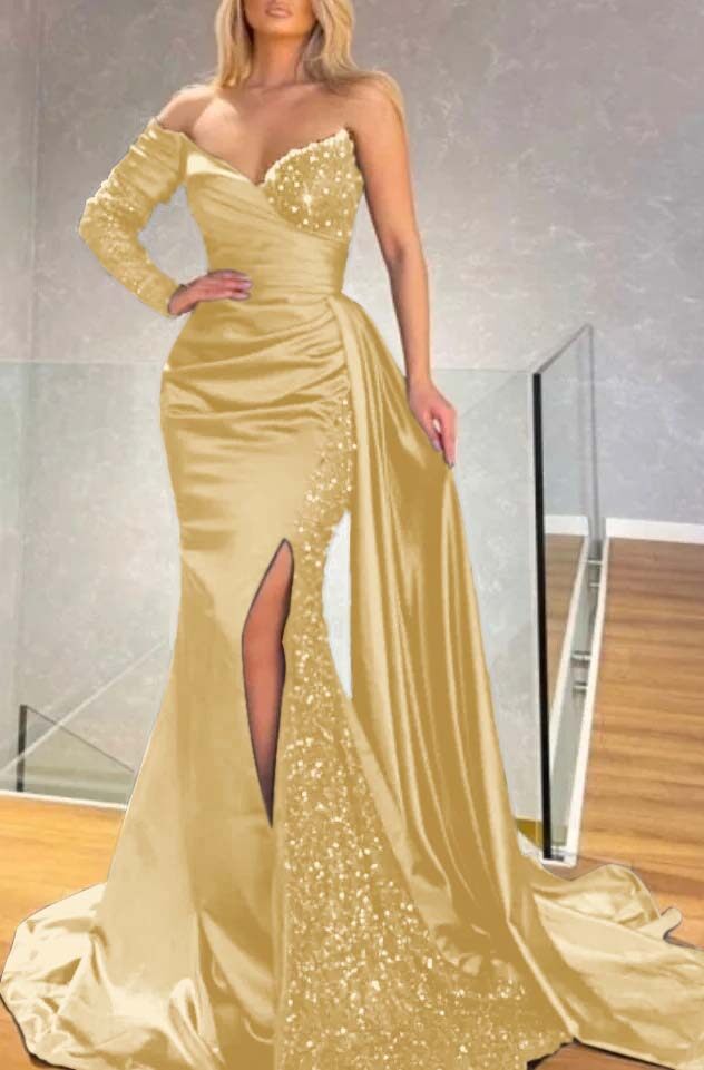 Strapless Long Sleeve Long Pleated Prom Dress with Sequins and Split