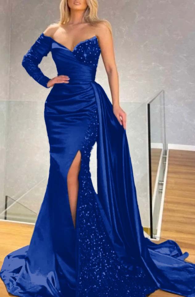 Strapless Long Sleeve Long Pleated Prom Dress with Sequins and Split