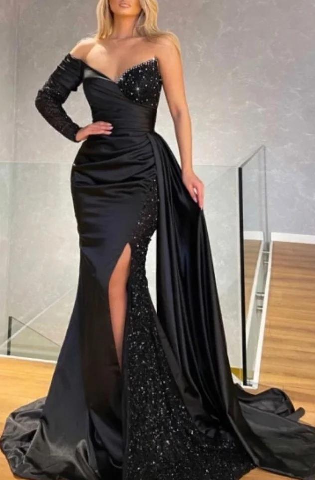 Strapless Long Sleeve Long Pleated Prom Dress with Sequins and Split