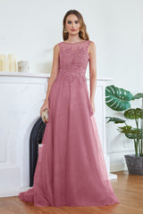 Long Sleeveless Round Neck Tulle A line Lace Appliques Bridesmaid Dress