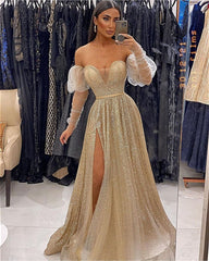 Champagne Long Sleeve Long Prom Dress with Sequins and Front Split