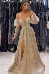 Champagne Long Sleeve Long Prom Dress with Sequins and Front Split