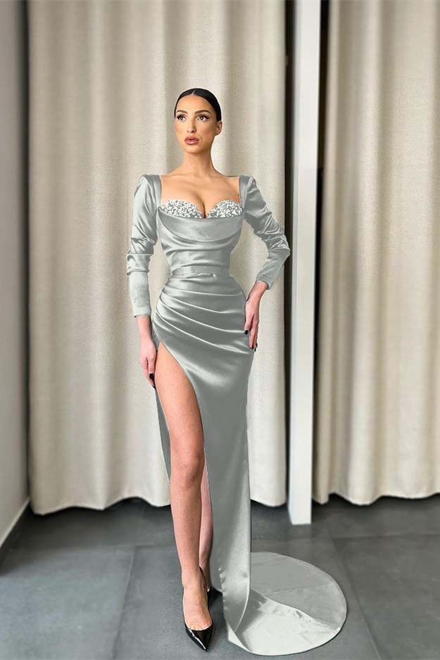 Dark Green Sweetheart Long Sleeve Long Prom Dress with Sequins and Split