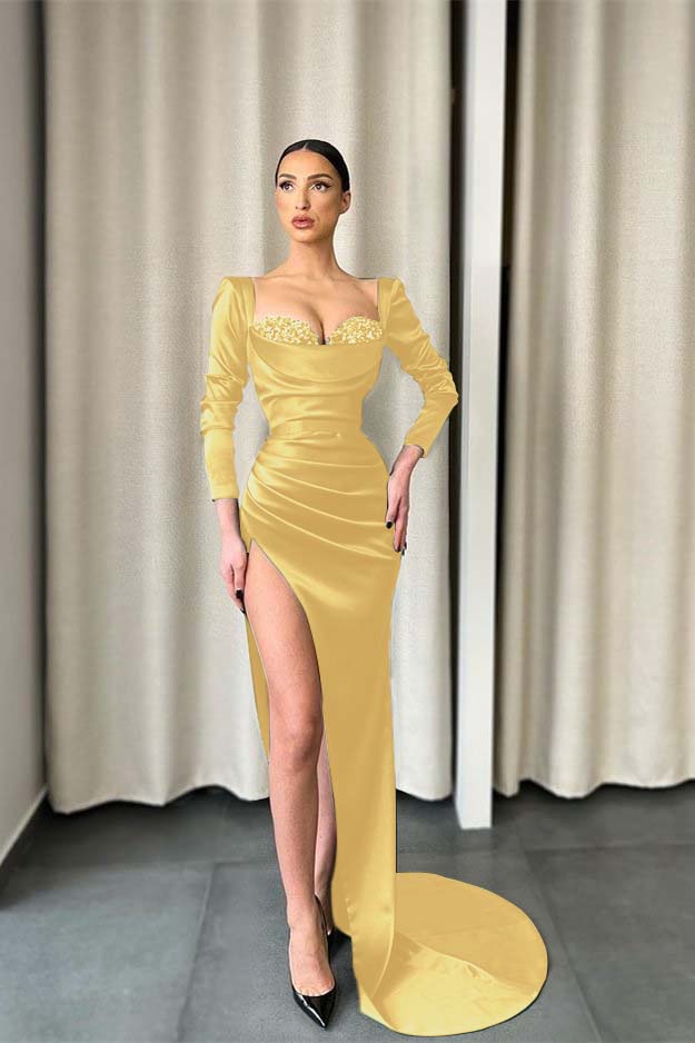 Dark Green Sweetheart Long Sleeve Long Prom Dress with Sequins and Split