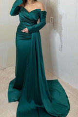 Off the Shoulder Long Sleeve Mermaid Long Prom Dress with Split and Ruffles
