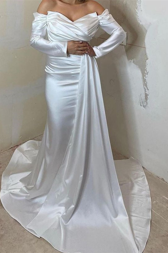Off the Shoulder Long Sleeve Mermaid Long Prom Dress with Split and Ruffles