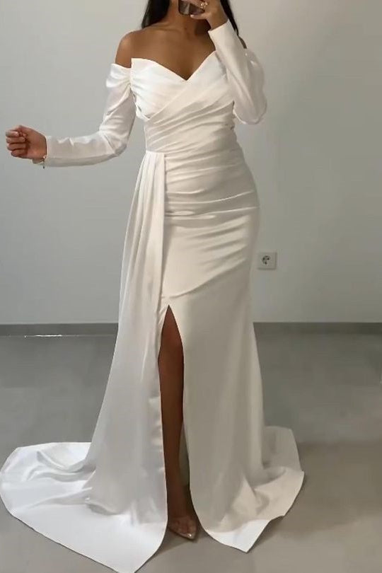 Off the Shoulder Long Sleeve Mermaid Long Prom Dress with Split and Ruffles