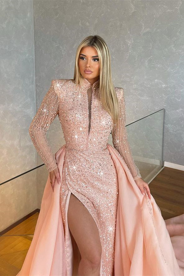 Light Pink High Collar Long Sleeve Mermaid Long Prom Dress with Sequins and Split