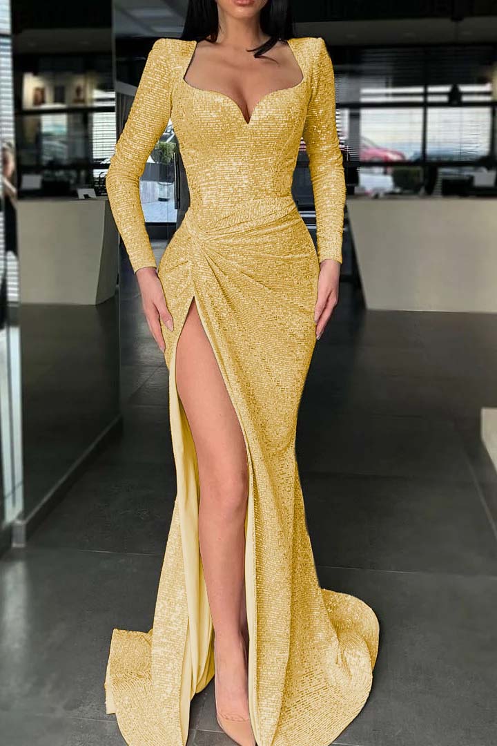 Long Sleeve Mermaid Long Prom Dress with High Split and Sequins