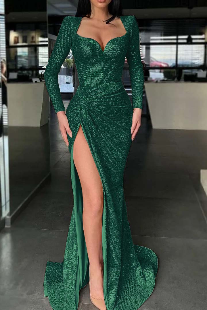 Long Sleeve Mermaid Long Prom Dress with High Split and Sequins