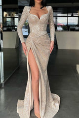 Long Sleeve Mermaid Long Prom Dress with High Split and Sequins