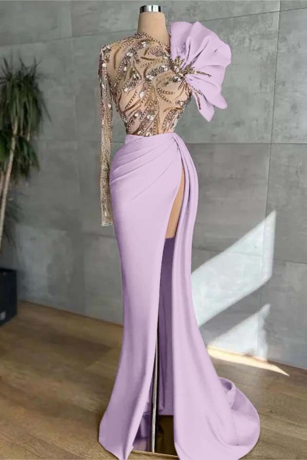 Long Sleeve Mermaid Long Prom Dress with Split and Appliques