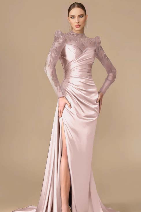 Long Sleeve Mermaid Long Prom Dress with Split, Pleats and Appliques
