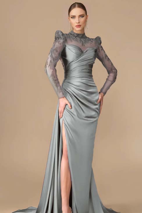 Long Sleeve Mermaid Long Prom Dress with Split, Pleats and Appliques