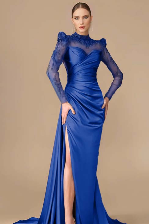 Long Sleeve Mermaid Long Prom Dress with Split, Pleats and Appliques
