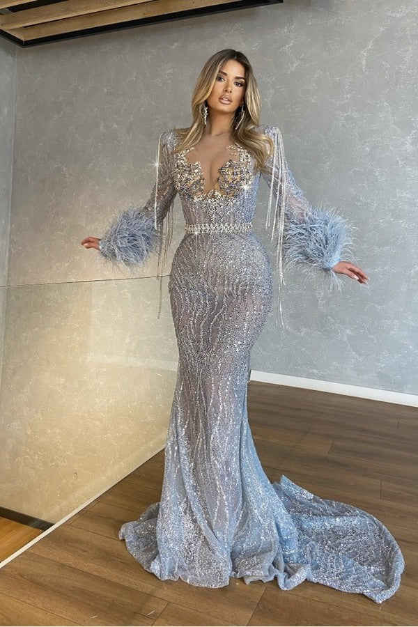 Long Sleeve Mermaid Long Prom Dress with Beading Tassel