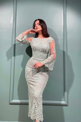Bateau Neck Long Sleeve Mermaid Long Prom Dress with Appliques and Pleated